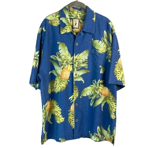 JAMAICA JAXX Men’s Silk Camp Collar Hawaiian Fern Pineapple Print Shirt Blue L - Picture 2 of 12